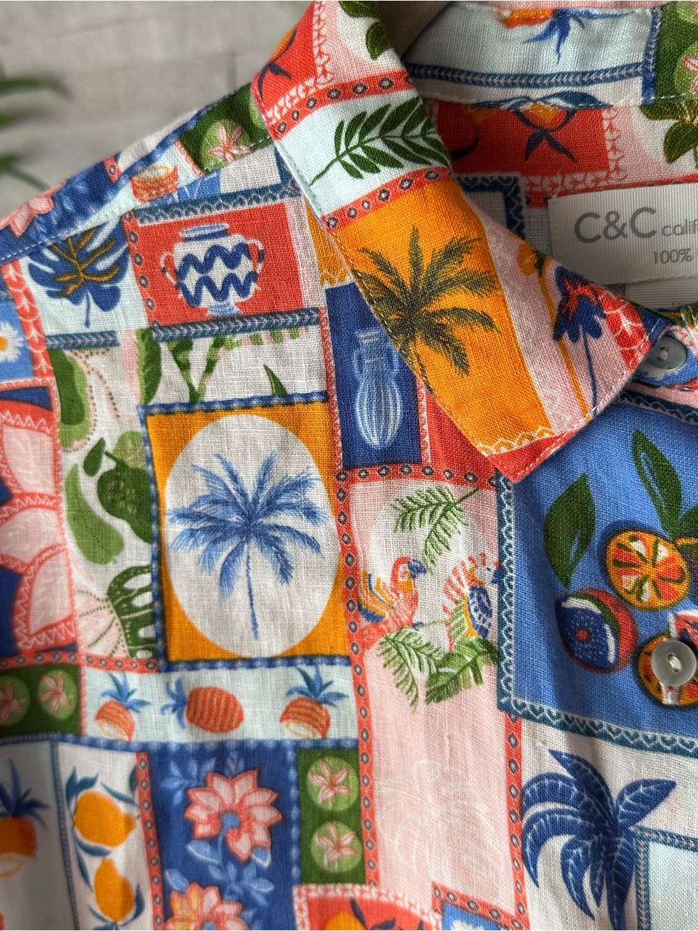C&C Tropical Vacation Marrakech Multi Patchwork Fruit Print Linen Shirt Size S - Picture 3 of 10